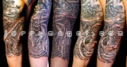 Sixth sitting Black and grey biomech full sleeve tattoo, mechanical parts mixed in the flesh. Jerry Magni Tattoo Artist Italy