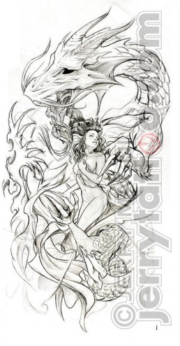 Disegno per  Tatuaggio a colori a tutta manica con drago blu che si avvolge attorno al braccio tenendo tra le spire una bellissima ragazza nuda e sexy. Opera realizzata da Jerry Magni, miglior tatuatore, Bergamo, Milano, Brescia, Piacenza, Italia, Lombardia, provincia, Lugano.