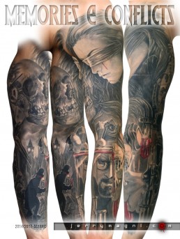 Black and grey full sleeve tattoo. On the shoulder a beautiful portrait of a blindfolded girl, a red tear on her face, inside the arm a skull with a clock nestled in the cranium. On the forearm mister Heisenberg, from the tv series Breaking Bad, is working with tubes full of red liquid. Inside the forearm a mister hide with bloodshot eyes is roaming in ancient London alleys. Immaculately done by the best artist Jerry Magni, Italy, Milan, Bergamo, Lugano.