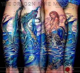 Full colour tattoo with a sexy blue tail mermaid on a rock, in front of her a blue winged dragon rises from the water, Under the sea surface we see corals. Masterfully executed by the best tattoo artist Jerry Magni, Bergamo, Italy, Milano, Italy, Lugano.