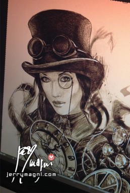 Disegno per Tatuaggio in bianco e nero a tutta manica con composizione di molti elementi. Qui vediamo il viso di una bellissima donna con monocolo, cilindro e un diadema al collo. Sotto di lei un orologio di Eric Freitas Il tutto meravigliosamente composto e realizzato da Jerry Magni, miglior tatuatore, Bergamo, Milano, Brescia, Piacenzan Italia, Lombardia, provincia, Lugano.