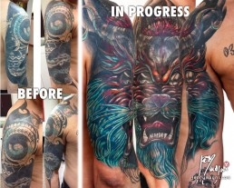 Quinta e sesta seduta Copertura a mano libera di un orribile tatuaggio con uno nuovo, drago rosso con bocca aperta e corna. Jerry Magni Tattoo Artist. Miglior tatuatore Milano, Bergamo, Brescia, Lugano