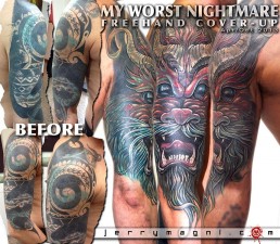 Copertura a mano libera di un orribile tatuaggio con uno nuovo, drago rosso con bocca aperta e corna. Jerry Magni Tattoo Artist. Miglior tatuatore Milano, Bergamo, Brescia, Lugano