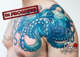 third sitting Freehand tattoo on chest and shoulder with blue octopus done by Jerry Magni best Italian tattoo artist; Bergamo, Milano, Monza