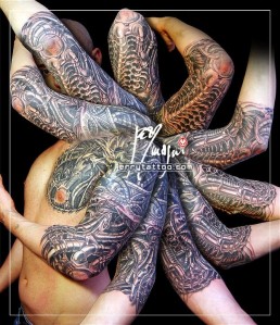 Seventh sitting Black and grey biomech full sleeve tattoo, mechanical parts mixed in the flesh. Jerry Magni Tattoo Artist Italy