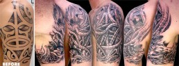 First sitting Black and grey biomech full sleeve tattoo, mechanical parts mixed in the flesh. Jerry Magni Tattoo Artist Italy