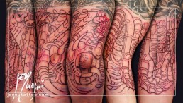 Fourth sitting Black and grey biomech full sleeve tattoo, mechanical parts mixed in the flesh. Jerry Magni Tattoo Artist Italy