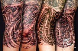 Fifth sitting Black and grey biomech full sleeve tattoo, mechanical parts mixed in the flesh. Jerry Magni Tattoo Artist Italy