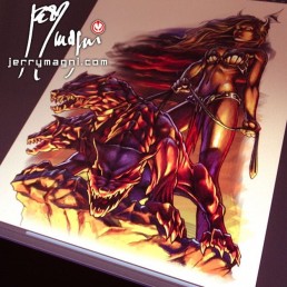 Digital painting for Color tattoo on ribs, Persephone with Cerberus in the Ade, with the light of the hell, they are on a rock and she’s sexy and peep Cerberus at leash. Greek roman mythology. Unique, original. Jerry Magni tattoo artist Bergamo, Milan, Italy