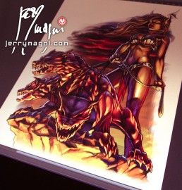 Digital painting for Color tattoo on ribs, Persephone with Cerberus in the Ade, with the light of the hell, they are on a rock and she’s sexy and peep Cerberus at leash. Greek roman mythology. Unique, original. Jerry Magni tattoo artist Bergamo, Milan, Italy