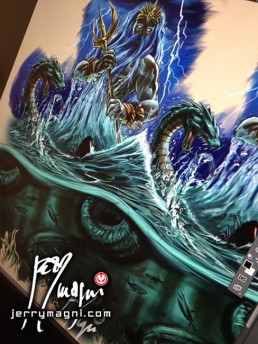 Digital painting for a full color tattoo sleeve, Poseidon, Hydra, sharks, sea, storm, under the sea, boat, sea snake, illustration, ancient gods, Jerry Magni Tattoo Artist, Bergamo, Milano, Italy