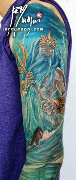 Fourth sitting Full color tattoo sleeve, Poseidon, Hydra, sharks, under the sea, sea storm, blue color, ancient gods, mythology. Original tattoo by Jerry Magni Tattoo Artist, Milano, Bergamo, Lugano, Italy