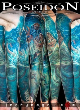 Full color tattoo sleeve, Poseidon, Hydra, sharks, under the sea, sea storm, blue color, ancient gods, mythology. Original tattoo by Jerry Magni Tattoo Artist, Milano, Bergamo, Lugano, Italy