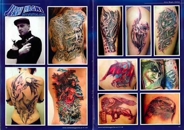 pages from scandinavian tattoo magazine featuring Jerry Magni best Italian tattoo artist Bergamo, Milano, Lugano, Lecco, Como, Brescia