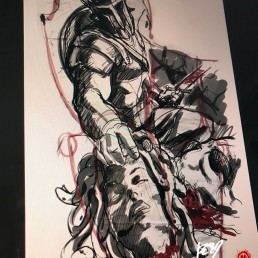 Composition study for Black and grey tattoo sleeve, Perseus just cut off the head of Medusa that’s giving us her last glance, Perseus is dressed with a shiny amor, in one hand its sword, with the other hand is grabbing medusa’s head. In the background Andromeda is chained at the entrance of Medusa’s cave. Astonishing work by Jerry Magni, surely one of the best tattoo artist.