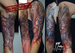 schizzo a mano libera per Tatuaggio biomeccanico a colori a tutta manica. Inserti metallici nella carne, tubi e artigli. Opera di Jerry Magni, miglior tatuatore, Bergamo, Milano, Lugano, provincia.
