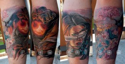 Terza seduta tatuaggio polpaccio, ducati, farfalle, fiori di cileigio, lava, motore, combustione, valvole, sistema desmo, ragazza con benda, albero di ciliegio, Jerry Magni Tattoo Artist. Bergamo, Milano, Brescia, Piacenza, Mantova, Lecco, Como, miglior tatuatore, provincia, lombardia
