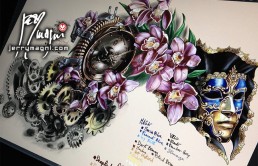 Design for Half sleeve color tattoo, steampunk theme, gears, orchids, clock, venetian mask, black and grey. Jerry Magni Tattoo artist, Bergamo, Italy, Milano, Best tattoo Artist; Lombardy, Monza, original unique works