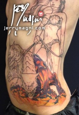 First sitting Color tattoo on ribs, Persephone with Cerberus in the Ade, with the light of the hell, they are on a rock and she’s sexy and peep Cerberus at leash. Greek roman mythology. Unique, original. Jerry Magni tattoo artist Bergamo, Milan, Italy