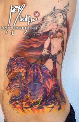 Third Sittng Color tattoo on ribs, Persephone with Cerberus in the Ade, with the light of the hell, they are on a rock and she’s sexy and peep Cerberus at leash. Greek roman mythology. Unique, original. Jerry Magni tattoo artist Bergamo, Milan, Italy