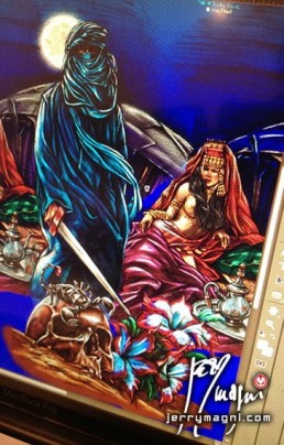 Disegno per Tatuaggio a colori, manica intera, tuareg, beduino, odalisca, teschio , rosa del desterto, tenda, vassoio, teiera, bicchieri, scorpione, spada, notte, blu, unico e originale, disegnato appositamente per il cliente da Jerry Magni, miglior tatuatore a Bergamo, Milano, Brescia, e provincia, Lecco, Como, Lugano