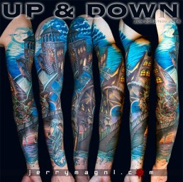 Full sleeve color architectural tattoo inspired to the homonym M. C. Escher artwork. Venetian environment, with a typical Jerry Magni cat. Tattoo Artist, Bergamo, Italy, Milano, Brescia, migliore, Crema, Lombardia, provincia, Lecco, Como, Lugano,