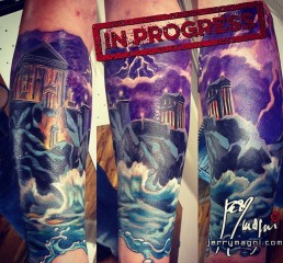 Third Sitting Full colour tattoo, mythology, Zeus, Olimpus, thunderstorm, space, universe, sea storm, light, anger. Jerry Magni Tattoo Artist. Italy, Milan, Bergamo, best artist